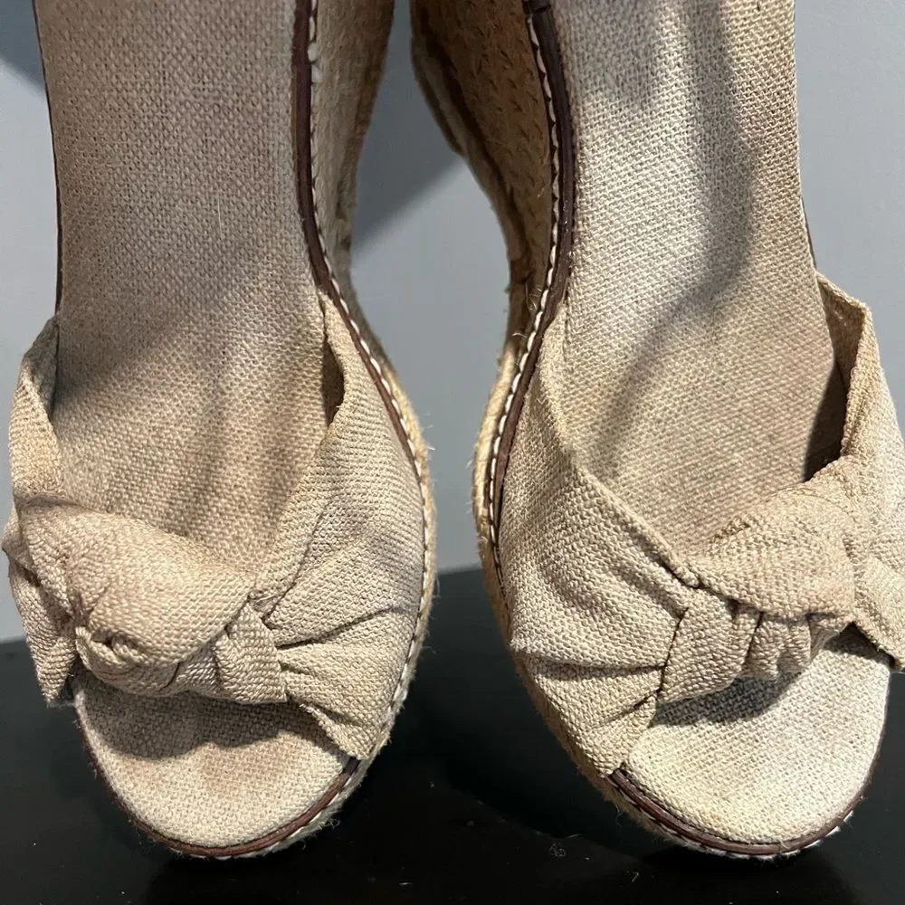 Tory Burch Macy Natural Linen with Metallic Flecks Espadrille Wedges